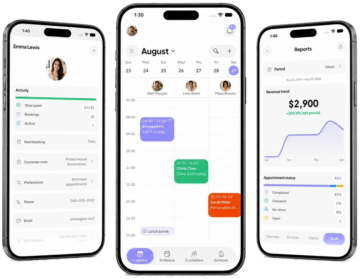 Three Tor mobile app screens showing the business calendar, a customer record, and reports