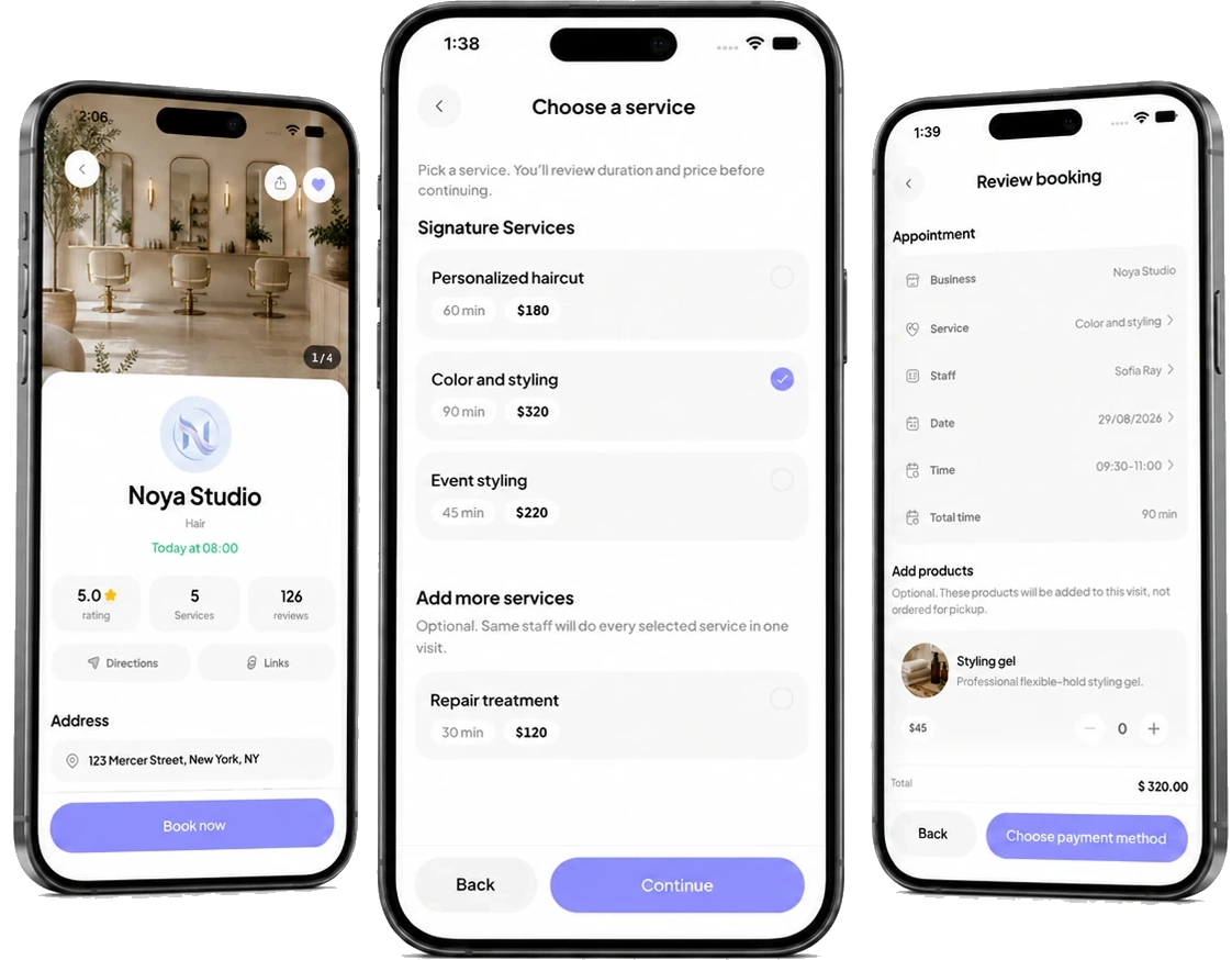 Tor customer screens for discovering a business and booking an appointment